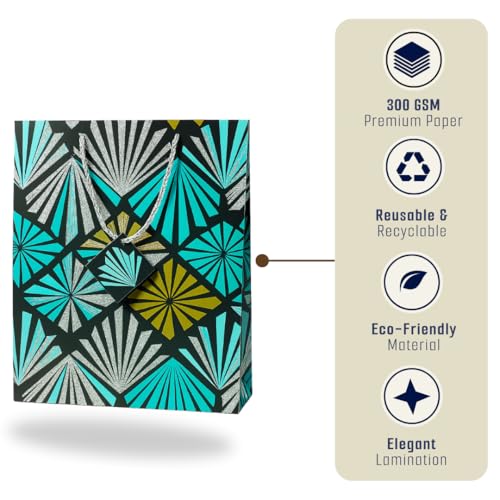 Tresneria Gift Bags with Geometric Pattern, Blue with Glitter, Rope Handle, for Parties and Celebrations (Small-Geometric-Glitter, Set of 5) - Image 4