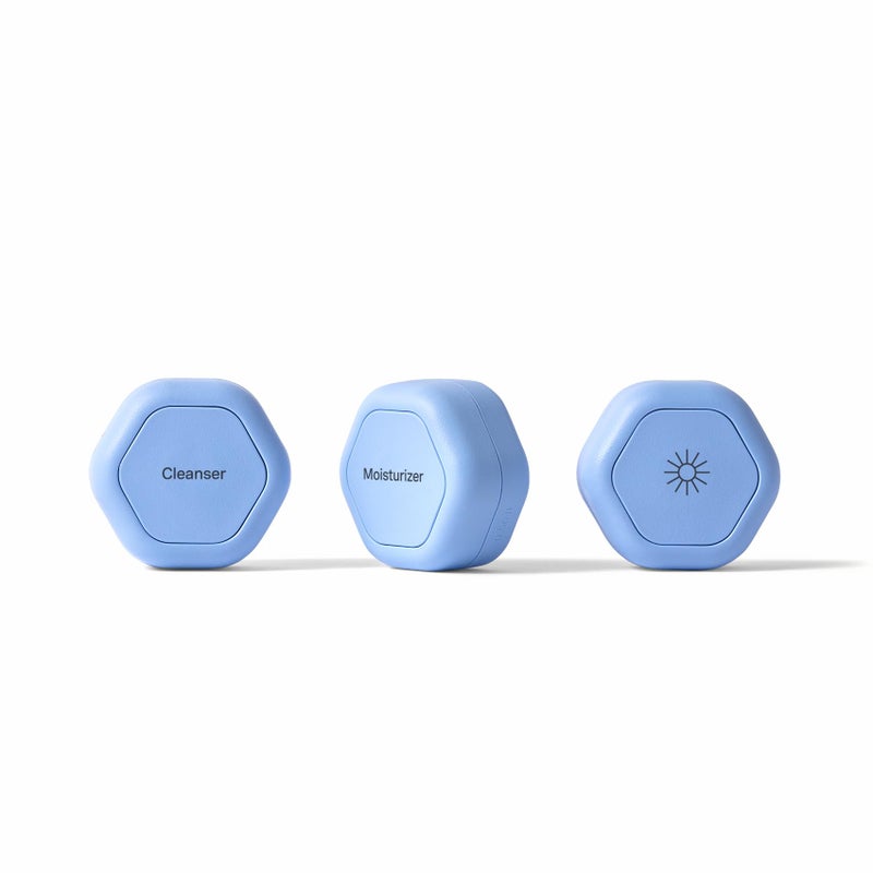 Cadence Travel Containers Basic Skincare Set - Magnetic Containers with Lids,Carry On Travel Essentials For Women/Men - 3 Small Capsules (0.56oz) - Cleanser, Moisturizer & Sun-Icon Labels - Pacific - Image 1