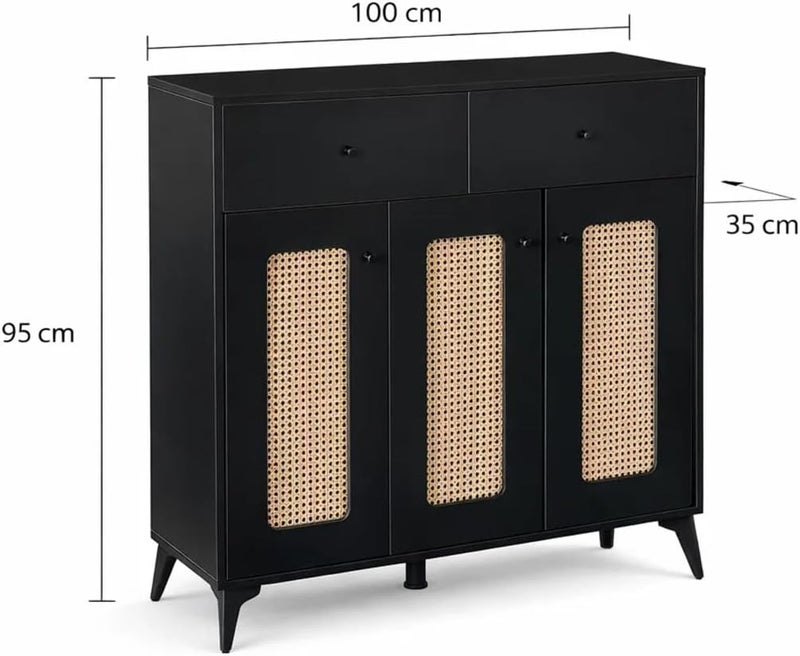 Modern Black Storage Cabinet with Rattan Doors Wooden Sideboard Organizer for Living Room Bedroom Entryway (Black, 95 * 100 * 35) - Image 3