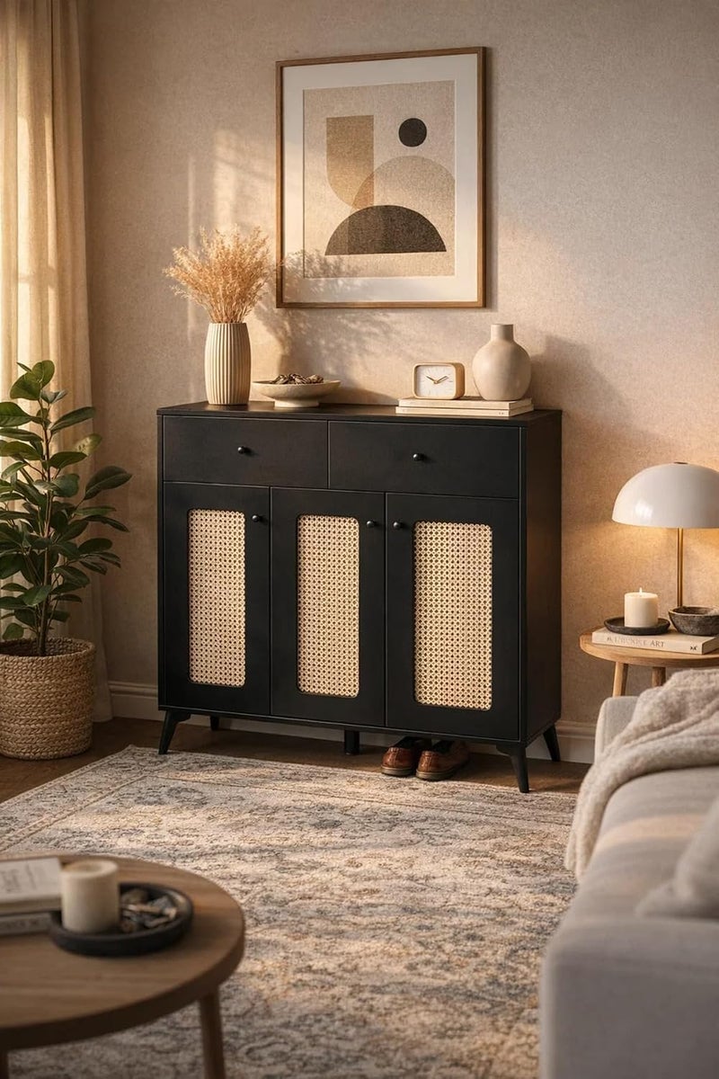 Modern Black Storage Cabinet with Rattan Doors Wooden Sideboard Organizer for Living Room Bedroom Entryway (Black, 95 * 100 * 35) - Image 2