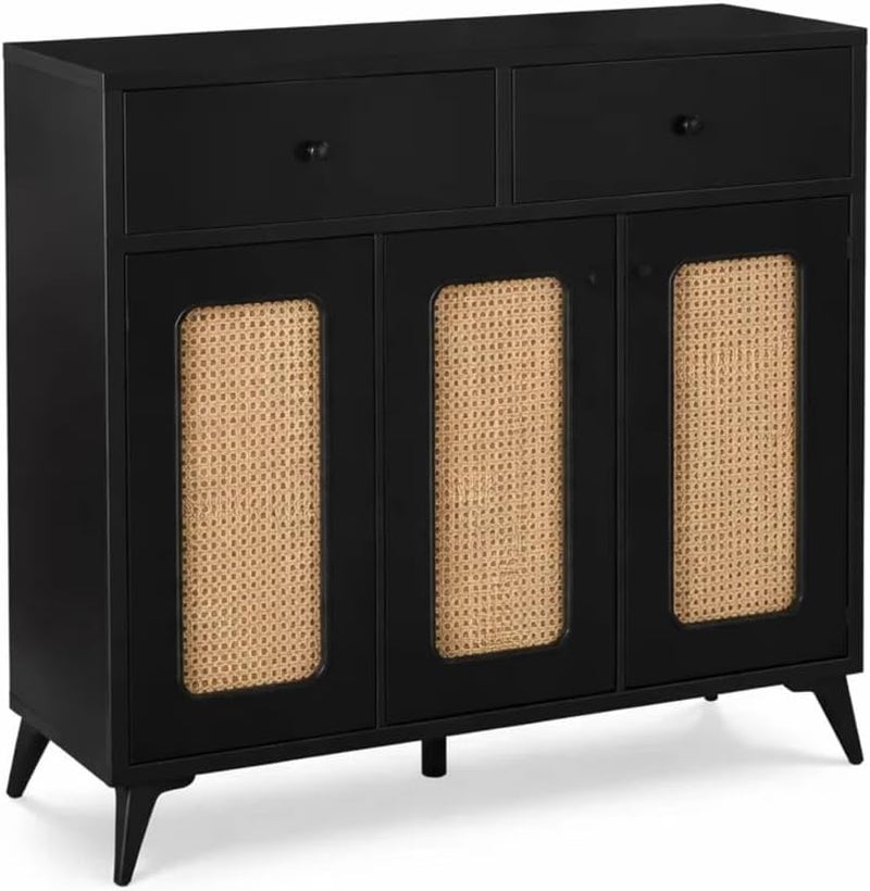 Modern Black Storage Cabinet with Rattan Doors Wooden Sideboard Organizer for Living Room Bedroom Entryway (Black, 95 * 100 * 35) - Image 1