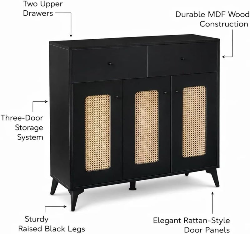 Modern Black Storage Cabinet with Rattan Doors Wooden Sideboard Organizer for Living Room Bedroom Entryway (Black, 95 * 100 * 35) - Image 5