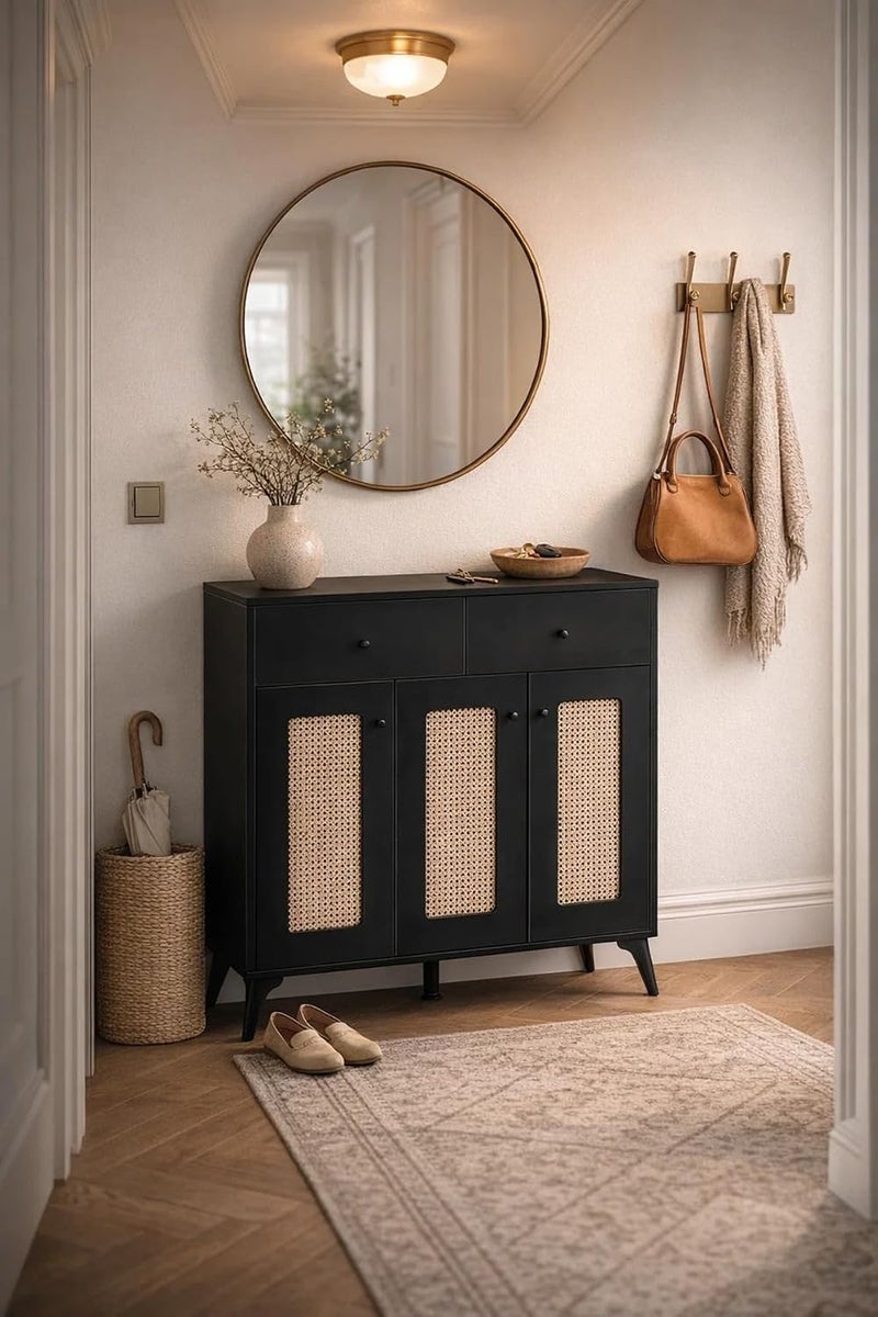 Modern Black Storage Cabinet with Rattan Doors Wooden Sideboard Organizer for Living Room Bedroom Entryway (Black, 95 * 100 * 35) - Image 4