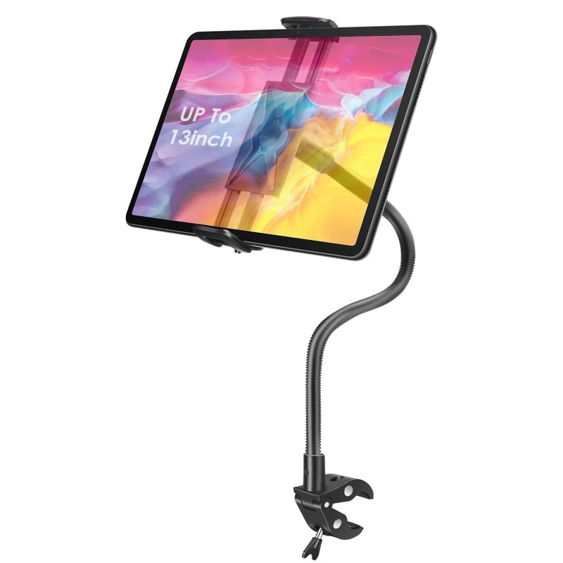 EEEKit Gooseneck Tablet Holder, Bike Handlebar Mount Clamp for Stationary Bicycle, Treadmill, Microphone Stand, for 4.7-13" Devices - Image 1