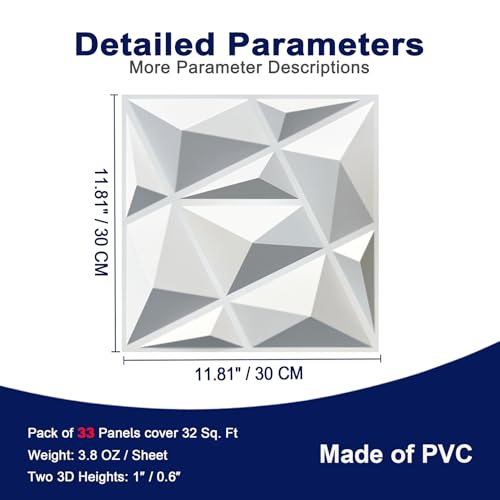 MIX3D 33 Pack 3D Wall Panels, Modern Diamond Textured Design for Interior Wall Decor in Living Room Bedroom Game Room Office Hotel, White, 12'' x 12'' Cover 32 Sq. Ft - Image 3