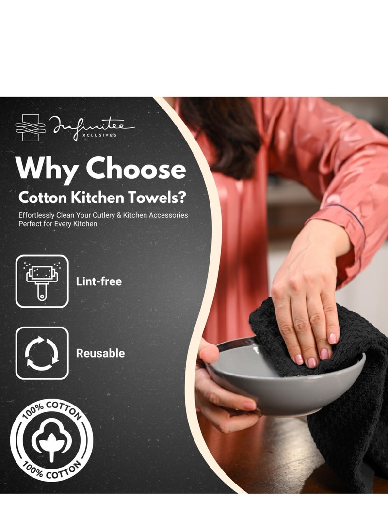 Infinitee Xclusives Infinitee Xclusives Premium Kitchen Towels – Pack of 12, 100% Cotton 40cm x 70cm Absorbent Dish Towels - 425 GSM Tea Towel, Terry Kitchen Dishcloth Towels- Black Dish Cloth for Household Cleaning  - Image 2