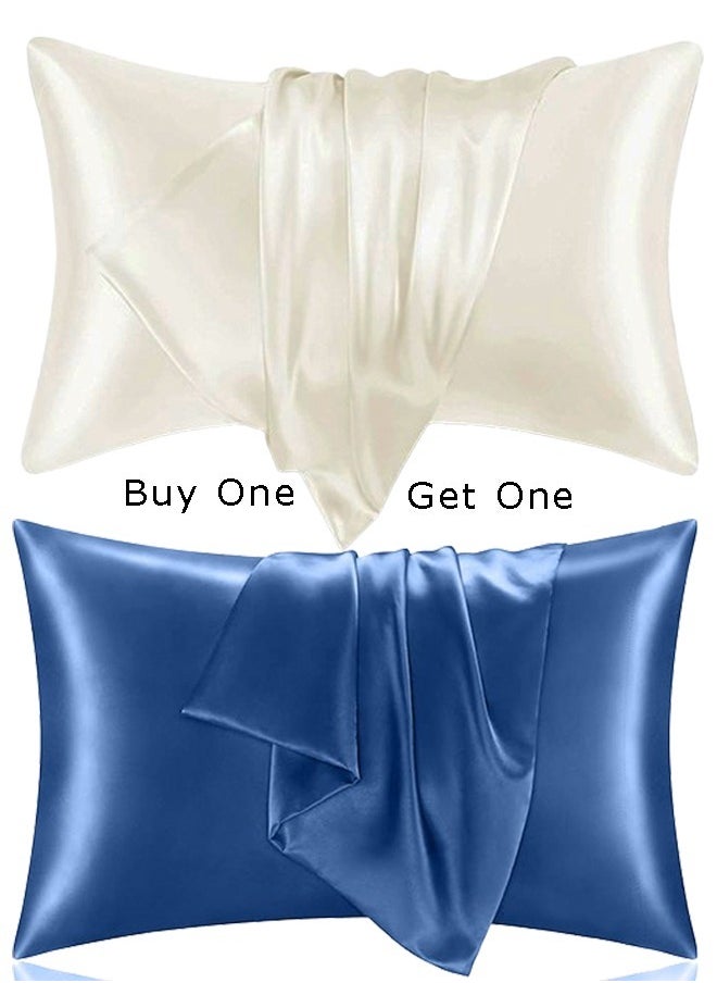 snooze Buy one Get one,Snooze Satin Pillowcase for Hair and Skin, 48,70 cm (Off-white & Blue)  - Image 1