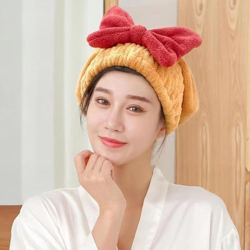 Fezora Super Absorbent Hair Towel Wrap for Wet Hair, Fast Drying Microfiber Hair Drying Towel Cap with Bow-Knot, Microfiber Hair Towel Wrap for Women (Yellow) - Image 3
