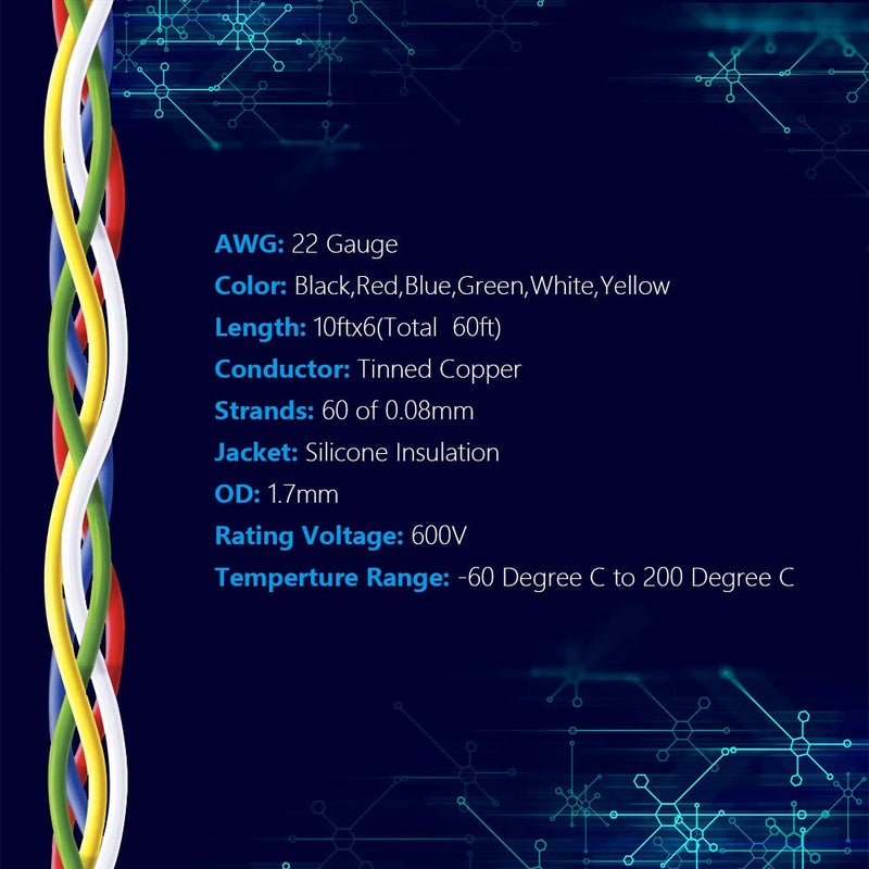 Fermerry 22 AWG Stranded Wire Spool 10ft Each 6 Colors Flexible 22 Gauge Silicone Hook up Wire Kit Electrical Tinned Copper Wire - Image 2