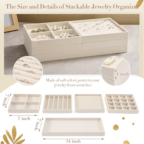 Cinnvoice Set of 10 Stackable Jewelry Organizer Trays for Drawer 14 Inch Velvet Jewelry Drawer Insert Display Storage with Removable Divider for Necklace Earring Ring Watch Bracelet Beige - Image 3