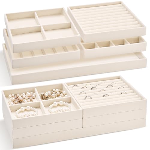 Cinnvoice Set of 10 Stackable Jewelry Organizer Trays for Drawer 14 Inch Velvet Jewelry Drawer Insert Display Storage with Removable Divider for Necklace Earring Ring Watch Bracelet Beige - Image 1