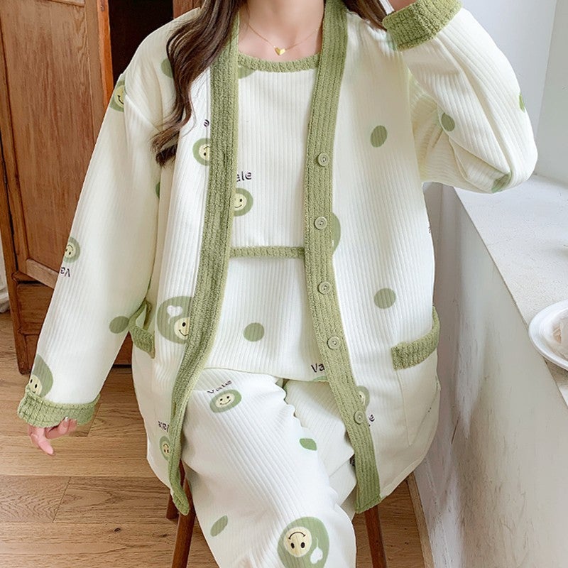 Spring Autumn Maternity Pajamas Set Nursing 831 dot smiley three-piece set