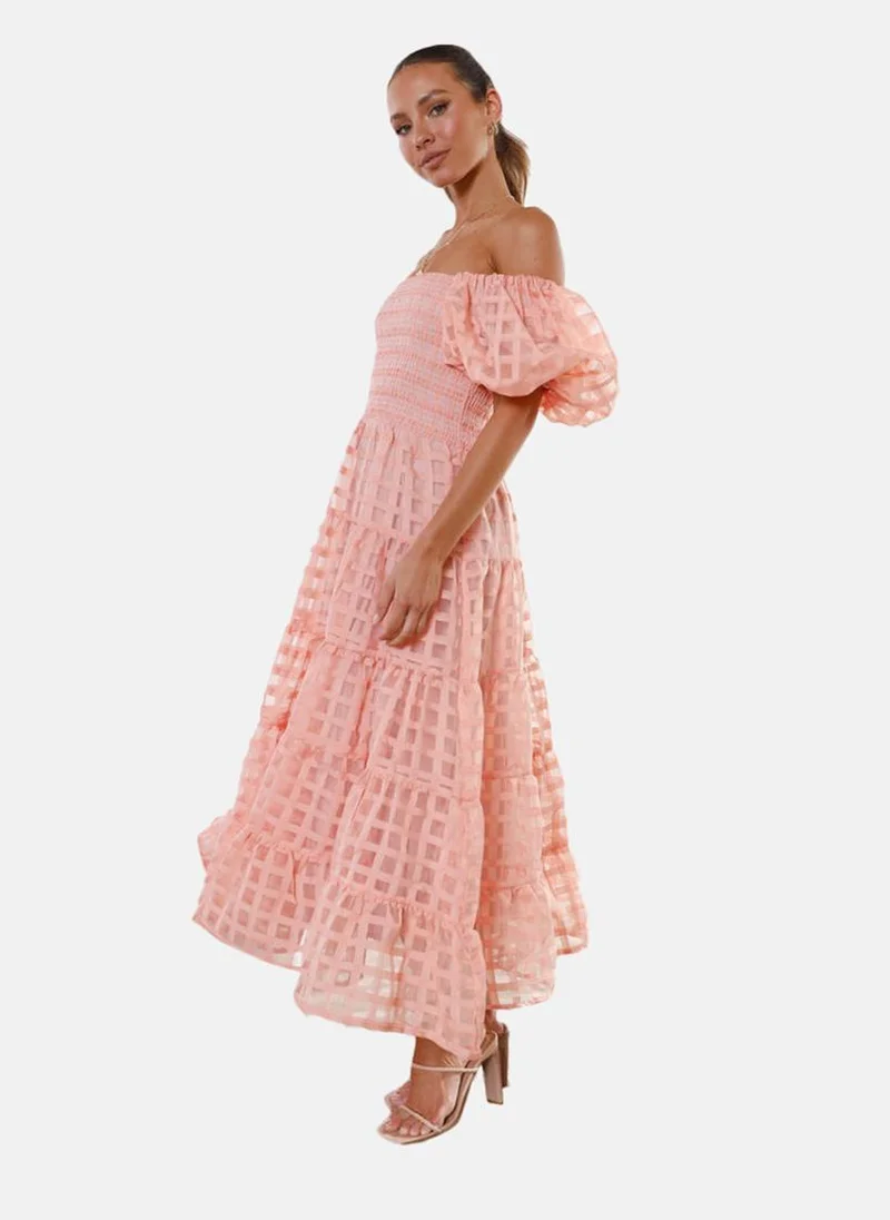 YUNIQEE Peach Off-Shoulder Self Design Fit & Flared Dress