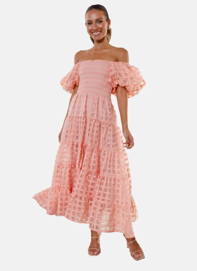 يونيكي Peach Off-Shoulder Self Design Fit & Flared Dress