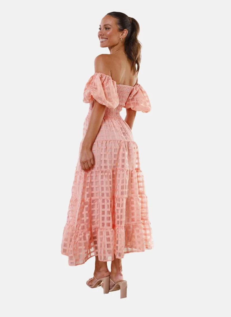 يونيكي Peach Off-Shoulder Self Design Fit & Flared Dress