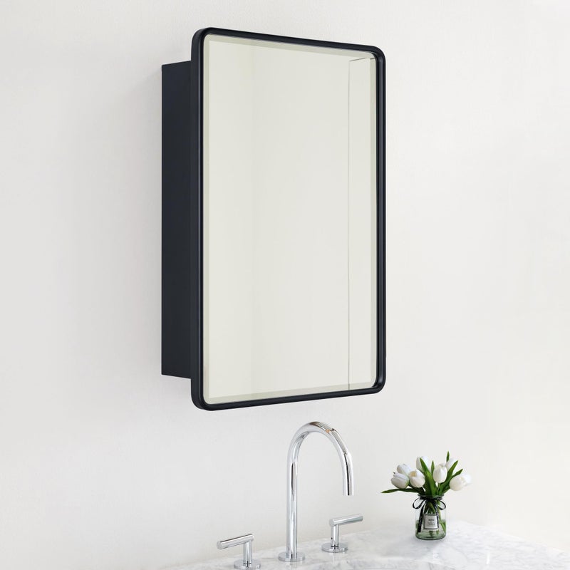 خزانة دواء حمام TEHOME مثبتة على السطح 165x275 سوداء مع مرآة إطار معدني أسود غير لامع على شكل مستطيل دائري مع مرآة مشطوفة 3 رفوف زجاجية قابلة للتعديل