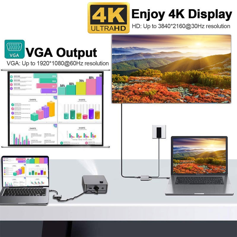 4-In-1 Grey USB C Hub - 3840*2160 HD 1920*1080 VGA Output 5Gbps USB 3.0 100W Charging Port Plug & Play for Home Theater Office Teaching Presentation - Image 3