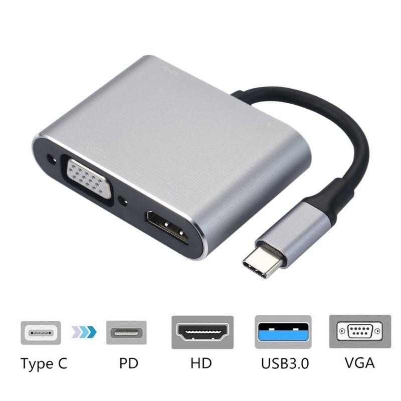 4-In-1 Grey USB C Hub - 3840*2160 HD 1920*1080 VGA Output 5Gbps USB 3.0 100W Charging Port Plug & Play for Home Theater Office Teaching Presentation - Image 2