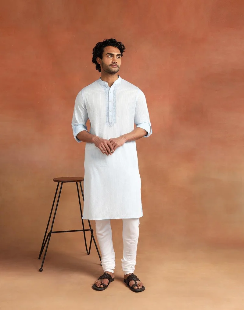Fabindia Blue Cotton Chikankari Slim Fit Long Kurta