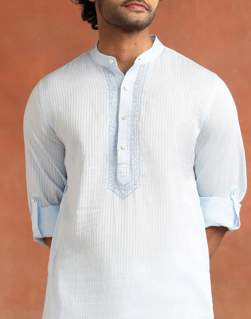 Fabindia  Blue Cotton Chikankari Slim Fit Long Kurta for Men | Best Price UAE