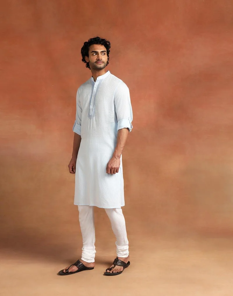 Fabindia  Blue Cotton Chikankari Slim Fit Long Kurta for Men | Best Price UAE