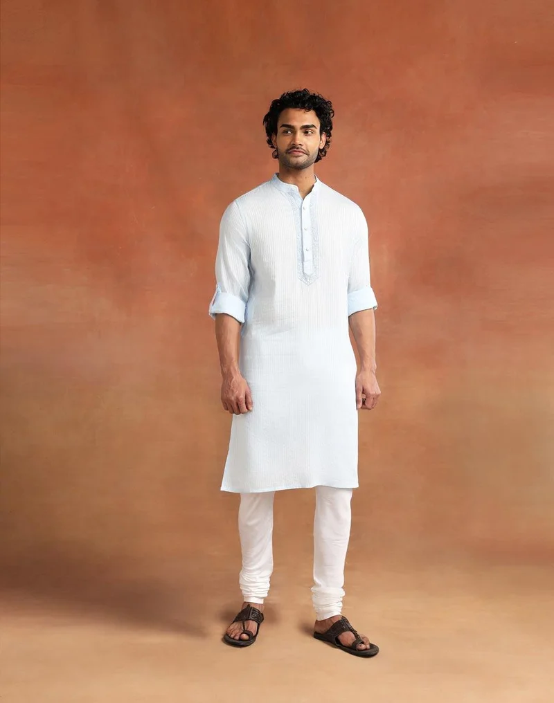 Fabindia Blue Cotton Chikankari Slim Fit Long Kurta