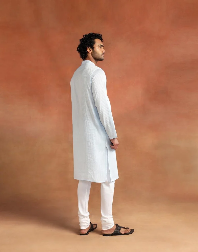 Fabindia  Blue Cotton Chikankari Slim Fit Long Kurta for Men | Best Price UAE
