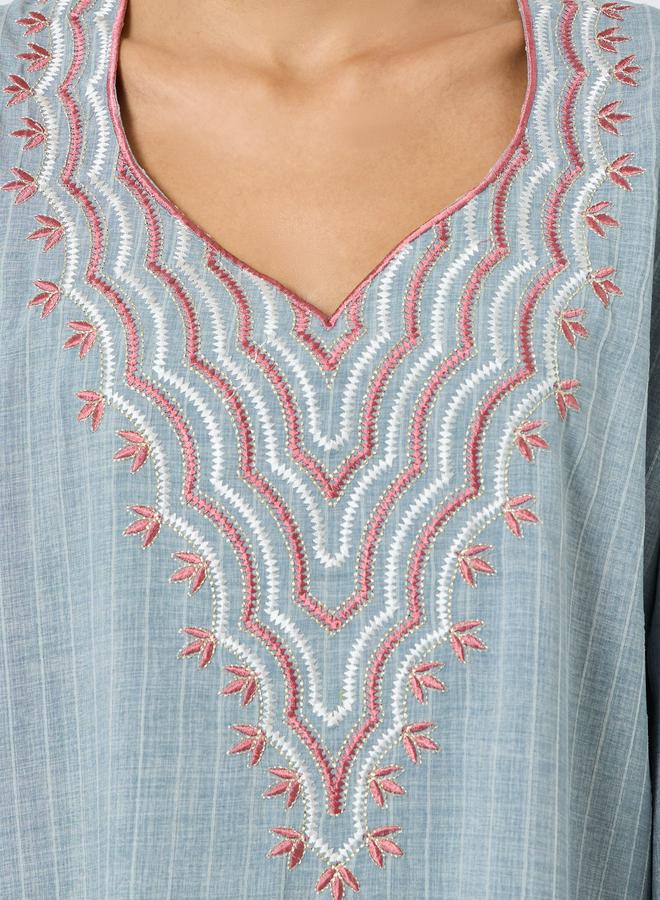 Maxim Creation Grey Threadwork Embroidery V Neck Jalabiya - Image 4