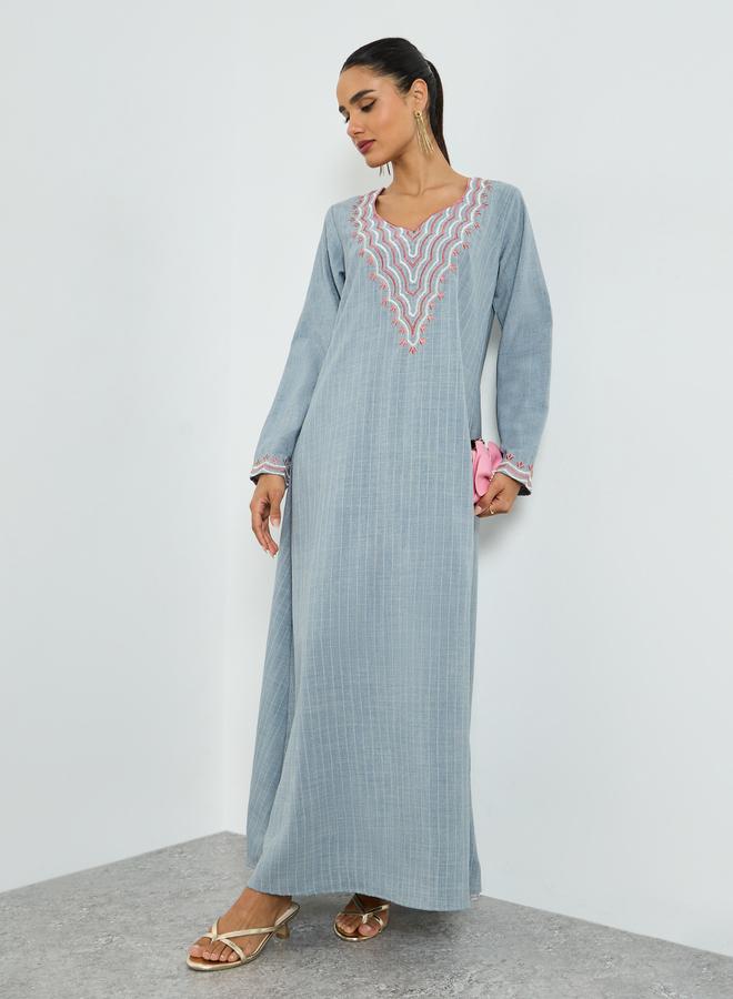 Maxim Creation Grey Threadwork Embroidery V Neck Jalabiya - Image 1