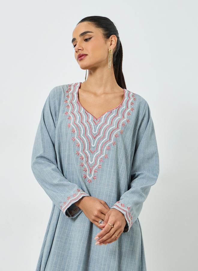 Maxim Creation Grey Threadwork Embroidery V Neck Jalabiya - Image 2