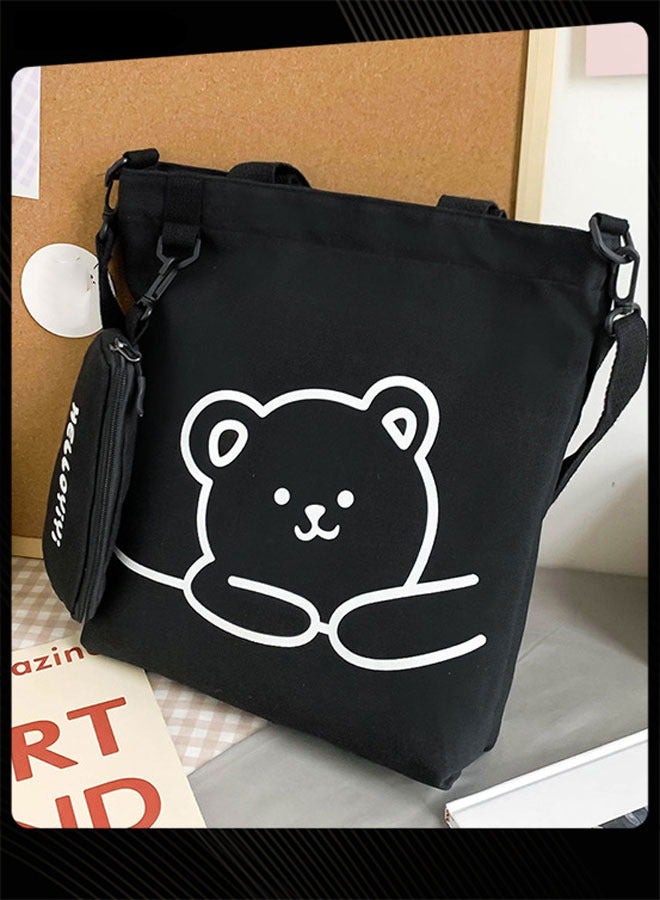 Joychic حقيبة كتف للطلاب مطبوعة بدب جميل، حقيبة كتب محمولة كبيرة الحجم قابلة للطي، حقيبة قماشية مع جراب قلم رصاص، باللون الأسود - Image 3