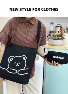 Joychic Lovely Bear Printed Student Shoulder Bag Portable Large Capacity Bookbag Foldable Tote Canvas Bag with Pencil Pouch Black  - Image 2