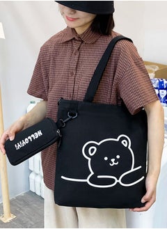 Joychic Lovely Bear Printed Student Shoulder Bag Portable Large Capacity Bookbag Foldable Tote Canvas Bag with Pencil Pouch Black  - Image 1
