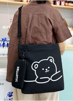 Joychic Lovely Bear Printed Student Shoulder Bag Portable Large Capacity Bookbag Foldable Tote Canvas Bag with Pencil Pouch Black  - Image 3