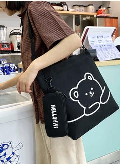 Joychic Lovely Bear Printed Student Shoulder Bag Portable Large Capacity Bookbag Foldable Tote Canvas Bag with Pencil Pouch Black  - Image 4