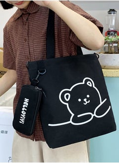 Joychic Lovely Bear Printed Student Shoulder Bag Portable Large Capacity Bookbag Foldable Tote Canvas Bag with Pencil Pouch Black  - Image 5