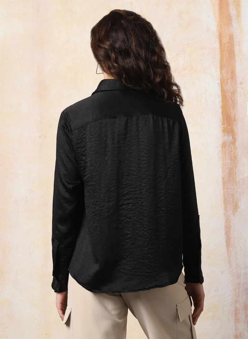 HIGH STAR Black Women's Black 100% Polyester Solid Pattern Button Down Boxy Shirt for Women | Best Price UAE