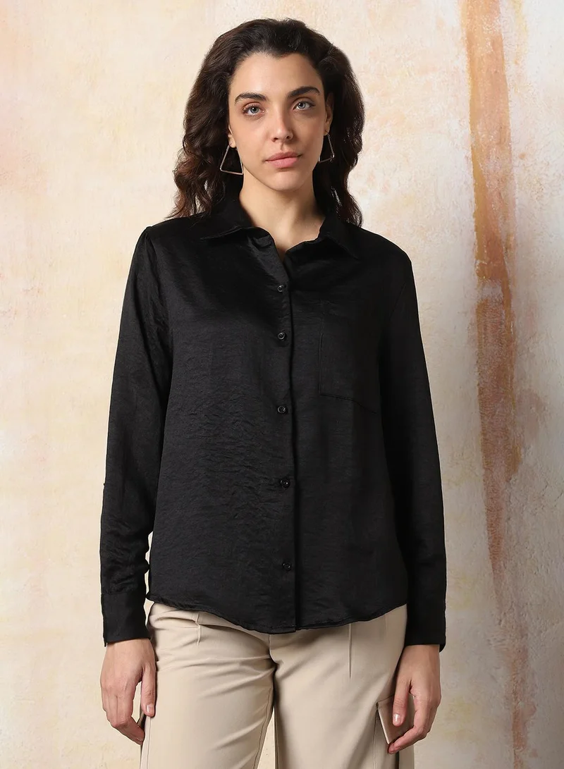 HIGH STAR Black Women's Black 100% Polyester Solid Pattern Button Down Boxy Shirt for Women | Best Price UAE