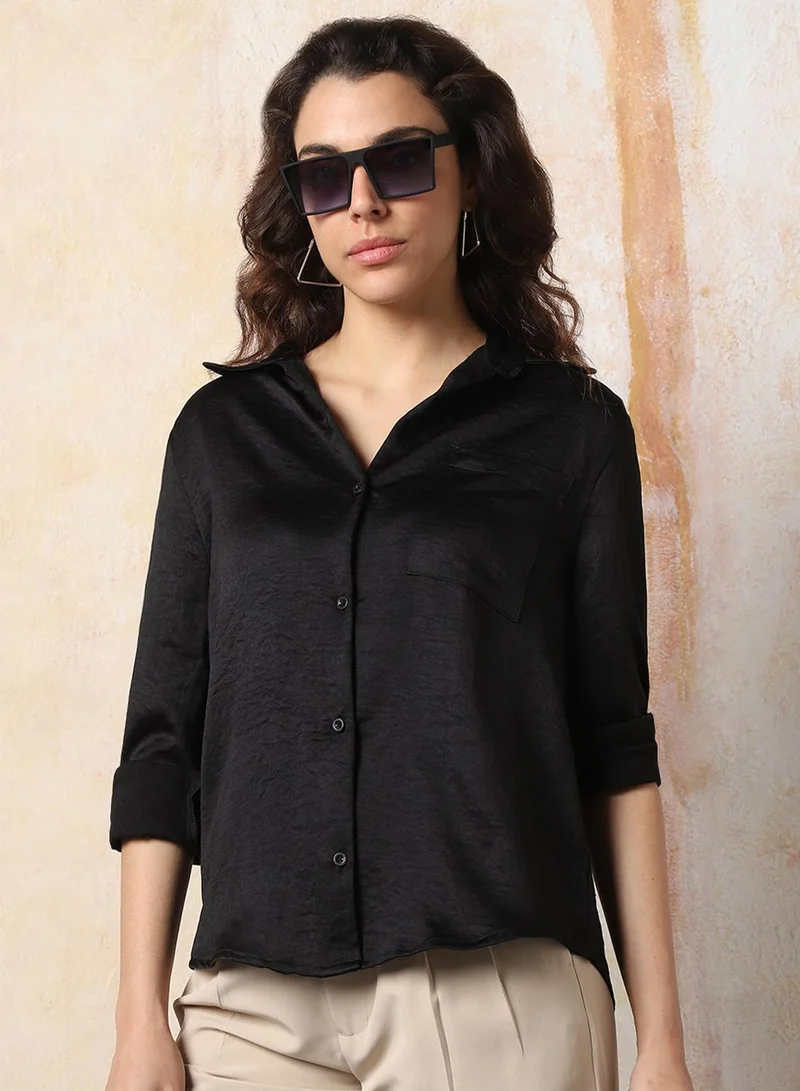 HIGH STAR Black Women's Black 100% Polyester Solid Pattern Button Down Boxy Shirt for Women | Best Price UAE