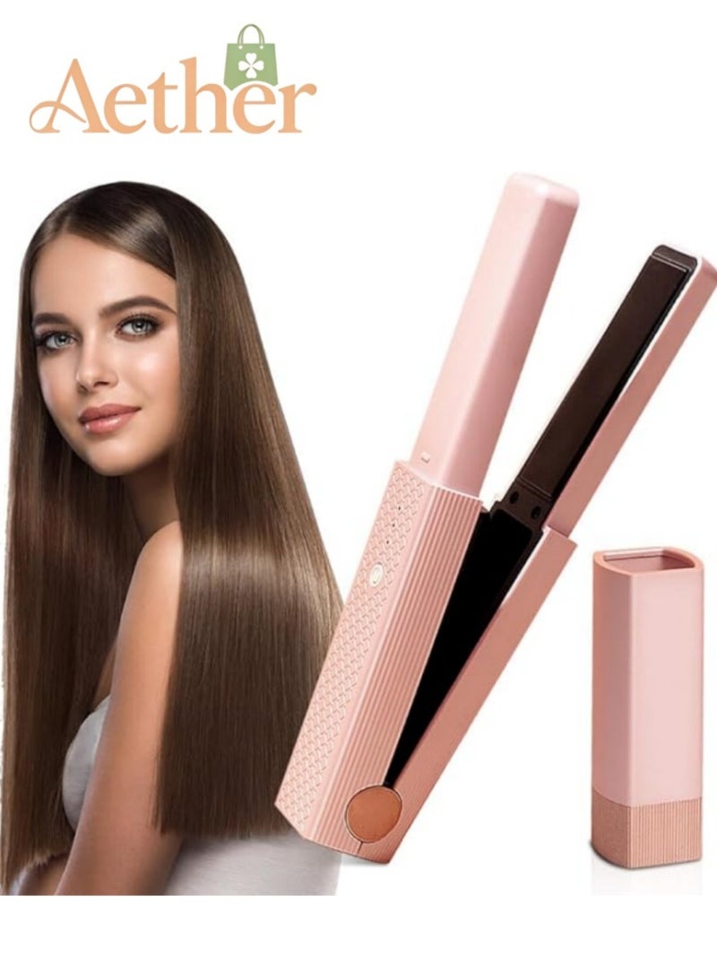 AETHER Mini Portable Travel Wireless Ceramic Flat Iron and Curler, 2 in 1 Cordless Hair Straightener Curler, 30S Fast Heating, 3 Level Anti-Scald, Straight Hair and Curly Hair,  Type-C Rechargeable, Pink - Image 1