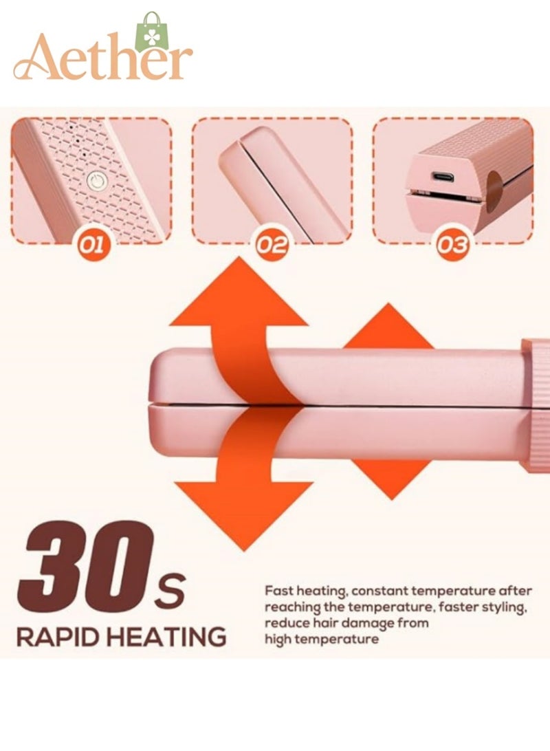 AETHER Mini Portable Travel Wireless Ceramic Flat Iron and Curler, 2 in 1 Cordless Hair Straightener Curler, 30S Fast Heating, 3 Level Anti-Scald, Straight Hair and Curly Hair,  Type-C Rechargeable, Pink - Image 5