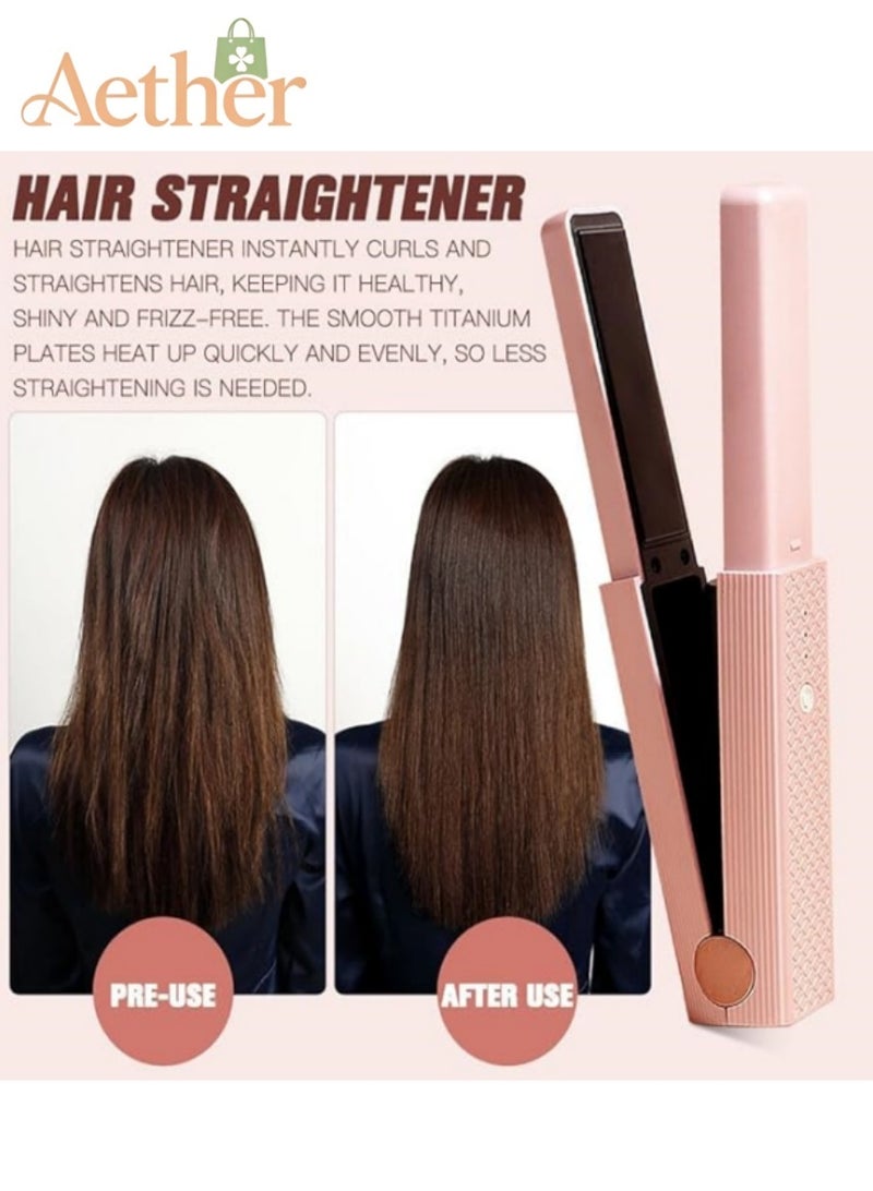 AETHER Mini Portable Travel Wireless Ceramic Flat Iron and Curler, 2 in 1 Cordless Hair Straightener Curler, 30S Fast Heating, 3 Level Anti-Scald, Straight Hair and Curly Hair,  Type-C Rechargeable, Pink - Image 2