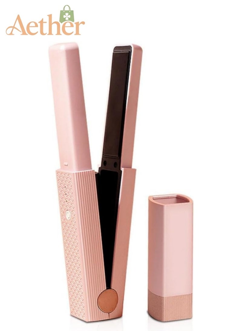 AETHER Mini Portable Travel Wireless Ceramic Flat Iron and Curler, 2 in 1 Cordless Hair Straightener Curler, 30S Fast Heating, 3 Level Anti-Scald, Straight Hair and Curly Hair,  Type-C Rechargeable, Pink - Image 3