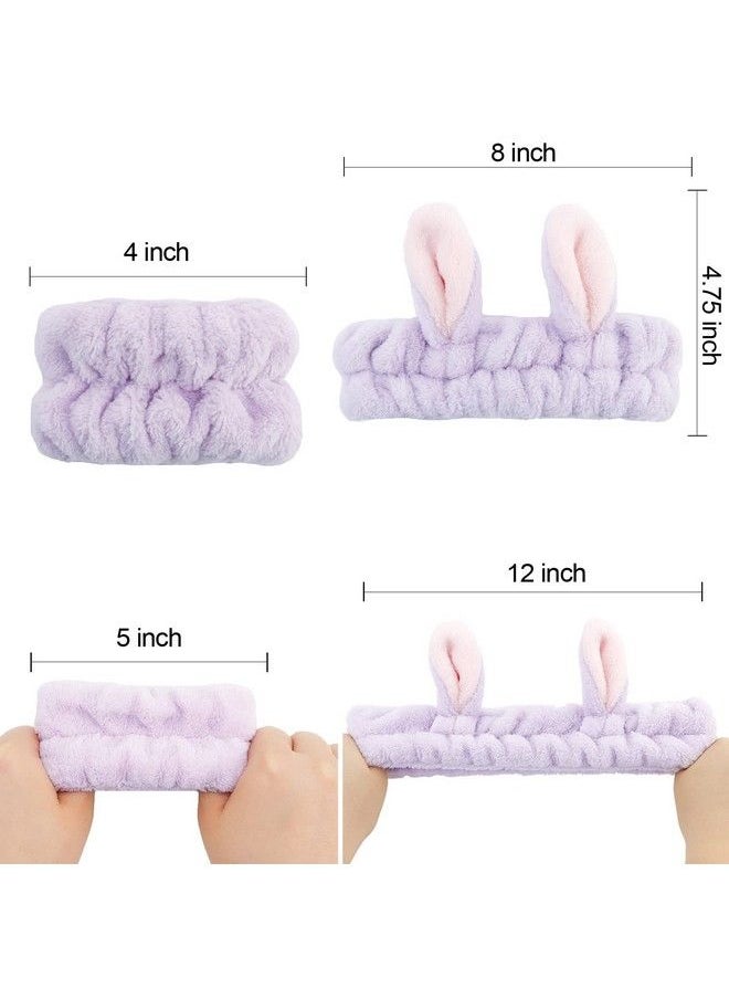 YISSION - 6Pcs Face Wash Headbands And Wristbands Set Bunny Ears Headbands Spa Headband Makeup Headband Skincare Headbands With Wristbands For Women Girls Washing Face(Pink Purple) - Image 1
