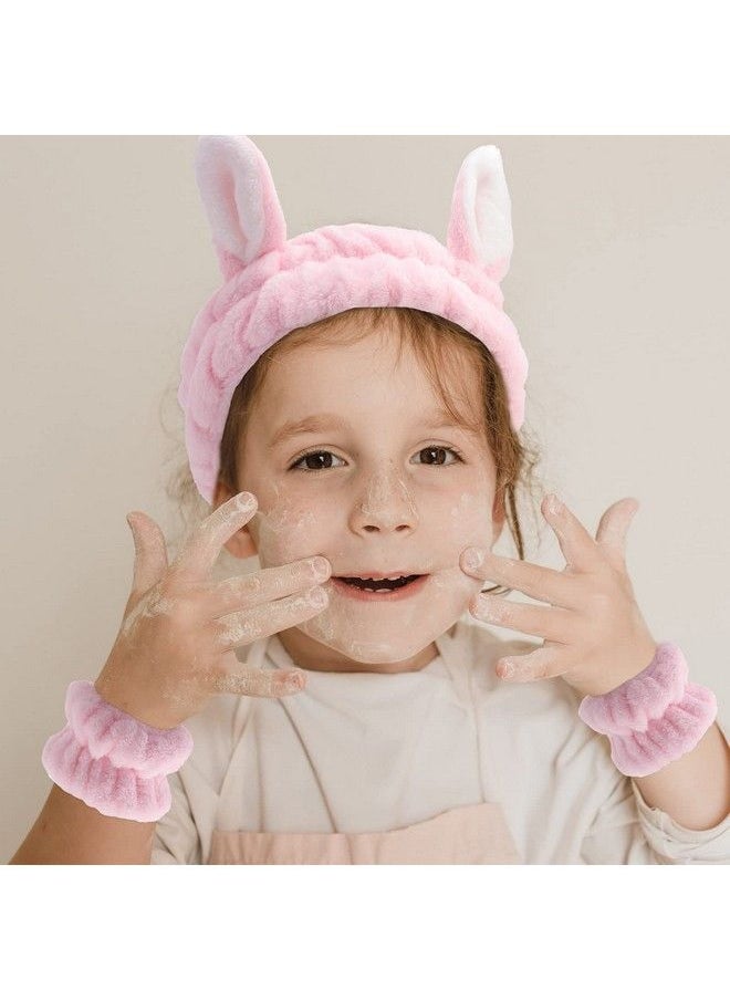 YISSION - 6Pcs Face Wash Headbands And Wristbands Set Bunny Ears Headbands Spa Headband Makeup Headband Skincare Headbands With Wristbands For Women Girls Washing Face(Pink Purple) - Image 1