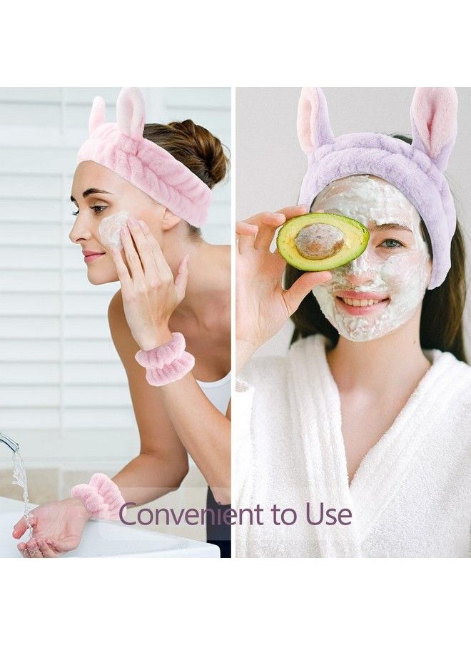 YISSION - 6Pcs Face Wash Headbands And Wristbands Set Bunny Ears Headbands Spa Headband Makeup Headband Skincare Headbands With Wristbands For Women Girls Washing Face(Pink Purple) - Image 1