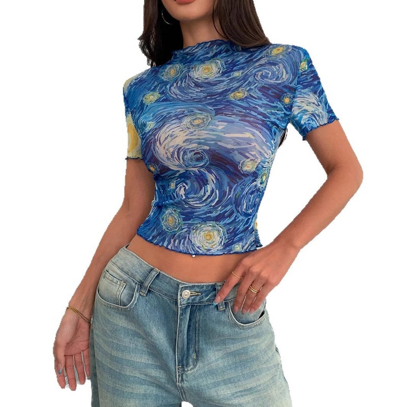 Women's Blue Printed Short Sleeve Half High Neck Mesh T-Shirt - Image 5