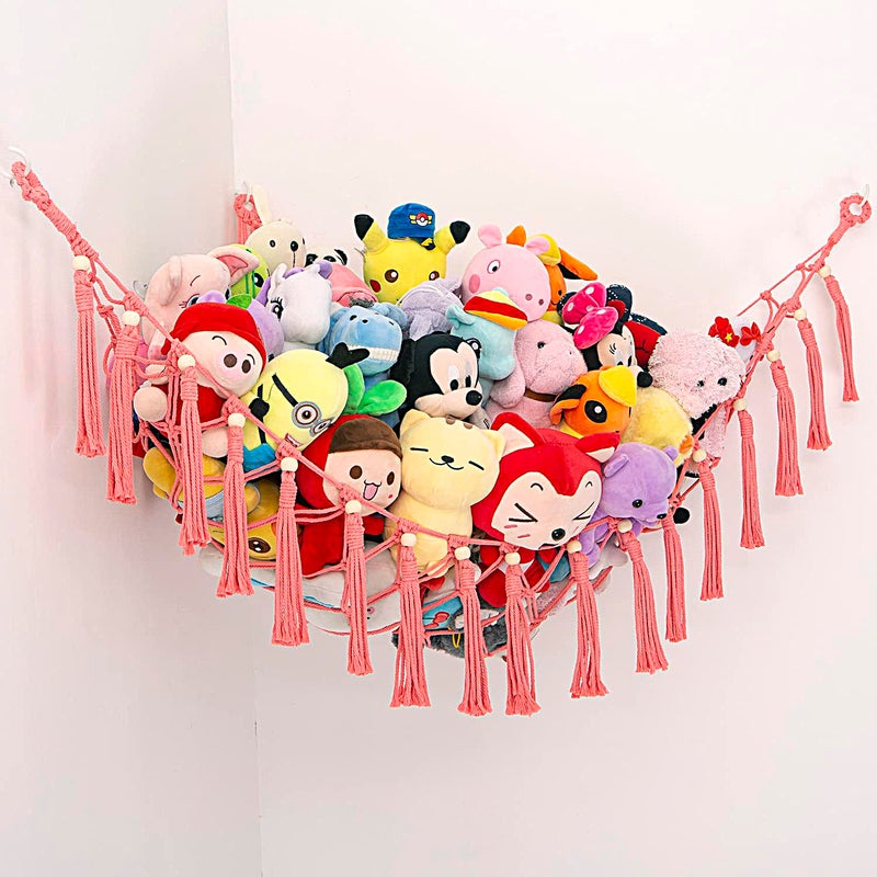 MAKEONEWO Stuffed Animal Toy Hammock HangingHandmade Large Pink Macrame Organizer Display Corner Plush Toys Net Holder for Boho Girl Nursery Playroom Bedroom Kids Room Storage 1 Pack
