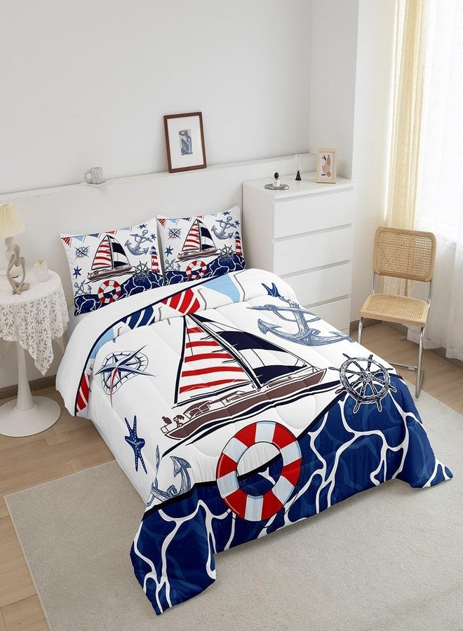 Suncloris Modern Nautical Anchor Sailboat Comforter Set for Kids Teens, Queen Size Compass Rudder Starfish Ocean Bedding Comforter with 2 Blue Ocea Adventuren Pattern Pillowcases- 90" x 90" (Sailboat, Queen) - Image 2