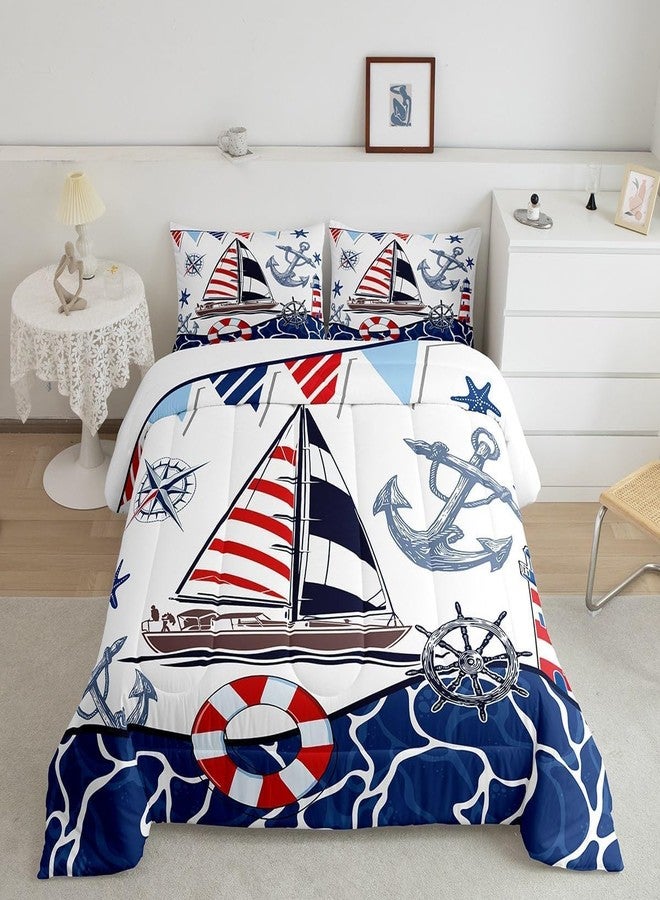 Suncloris Modern Nautical Anchor Sailboat Comforter Set for Kids Teens, Queen Size Compass Rudder Starfish Ocean Bedding Comforter with 2 Blue Ocea Adventuren Pattern Pillowcases- 90" x 90" (Sailboat, Queen) - Image 1